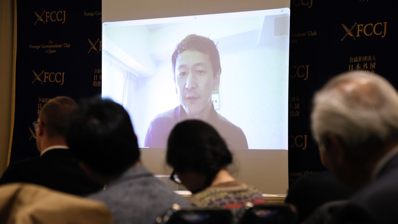 February 20, 2020, Tokyo, Japan - Japan's infectious disease expert Kobe University Hospital professor Kentaro Iwata speaks on a screen as he holds a press conference via Skype at the Foreign Correspondents' Club of Japan in Tokyo on Thursday, February 20, 2020. He posted a TouTube video criticizing the situation on a novel coronavirus hit cruise ship Diamond Princess after he boarded the ship. (Photo by Yoshio Tsunoda/AFLO)