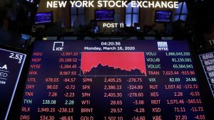 A price screen display is seen above the floor of the New York Stock Exchange (NYSE) shortly as coronavirus disease (COVID-19) cases in the city of New York rise, in New York, U.S., March 16, 2020. REUTERS/Lucas Jackson (United States)