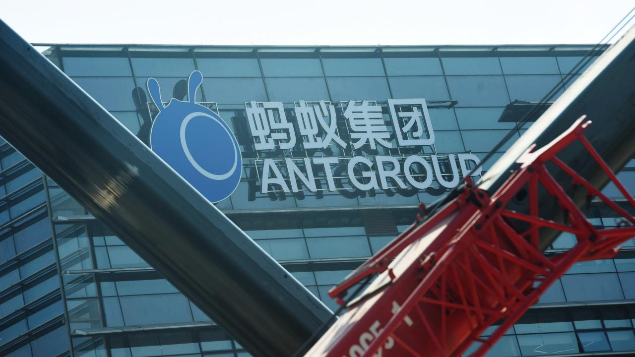 A view of the signage of Ant Group in the headquarters compound of the fintech giant in Hangzhou in east China's Zhejiang province Wednesday, Nov. 04, 2020. China pulled back the IPO of Ant Group two days ahead of its listing in Shanghai and Hong Kong as a recent microloan regulation will affect its core business. (Photo provided by : Featurechina/アフロ)