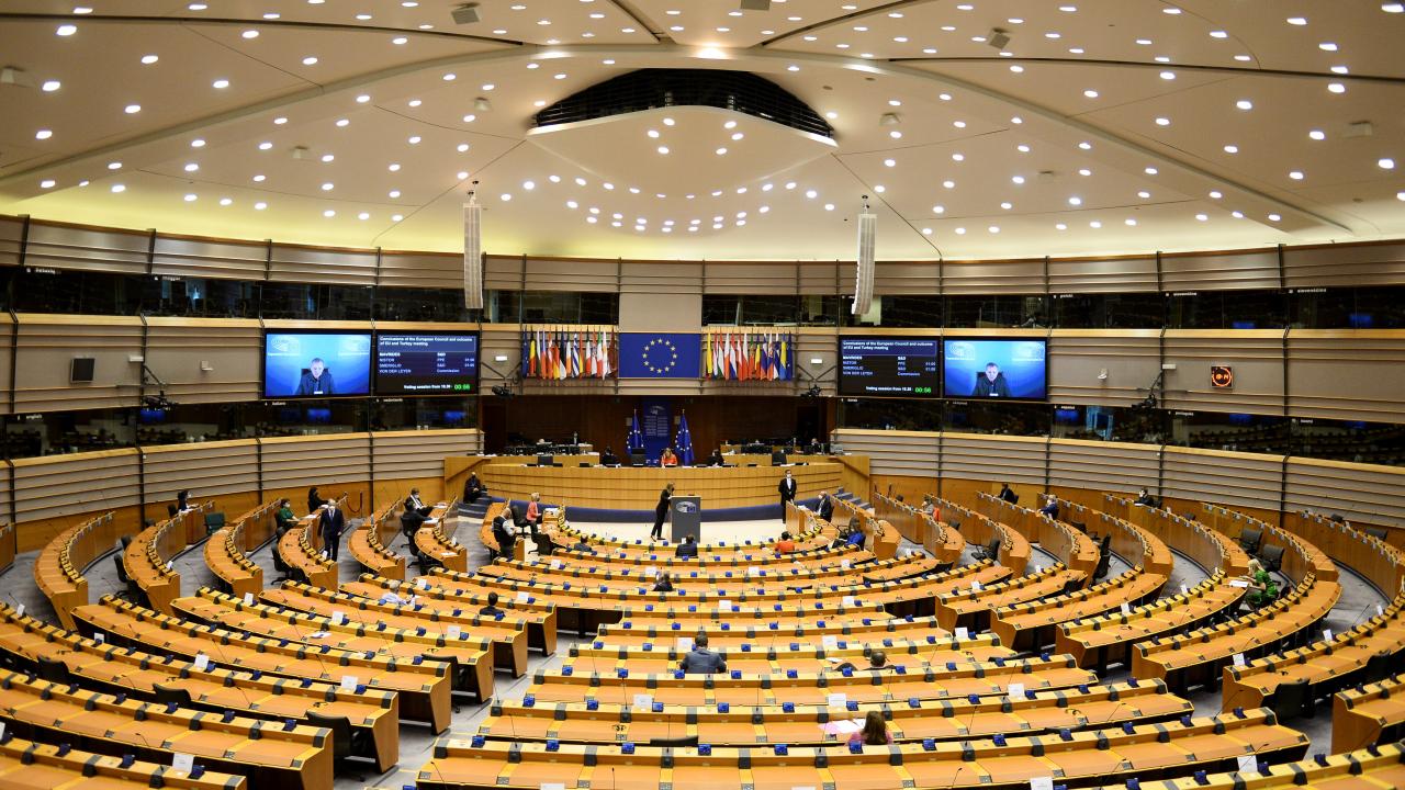 European Council President Charles Michel and European Commission President Ursula von der Leyen attend the EU Parliament plenary session in Brussels, Belgium April 26, 2021. REUTERS/Johanna Geron (Belgium)