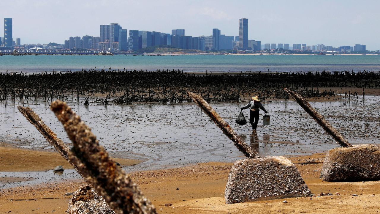 FILE PHOTO: An oyster farmer walks in front of China's Xiamen, ahead of the 60th anniversary of Second Taiwan Straits Crisis against China, on Lieyu Island, Kinmen County, Taiwan August 20, 2018. REUTERS/Tyrone Siu/File Photo To match Special Report HONGKONG-TAIWAN/MILITARY