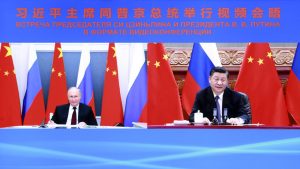 Chinese President Xi Jinping holds talks with Russian President Vladimir Putin via video link in Beijing, capital of China, June 28, 2021. (Photo provided by 新華社/アフロ)