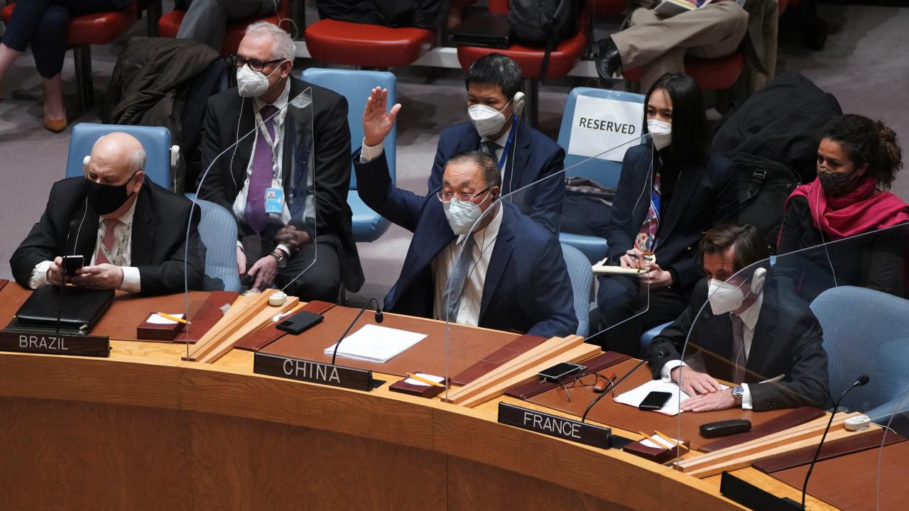 China's Ambassador to the U.N. Zhang Jun gestures as the United Nations Security Council assembles to vote for a rare emergency special session of the 193-member U.N. General Assembly on Russia's invasion of Ukraine, at the United Nations Headquarters in Manhattan, New York City, U.S. February 27, 2022. REUTERS/David 'Dee' Delgado (United States)