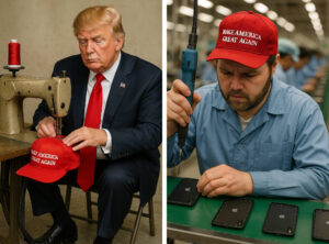 中国のネットに溢れるミーム：ミシンを踏むトランプ大統領とスマホのネジを留めるバンス副大統領